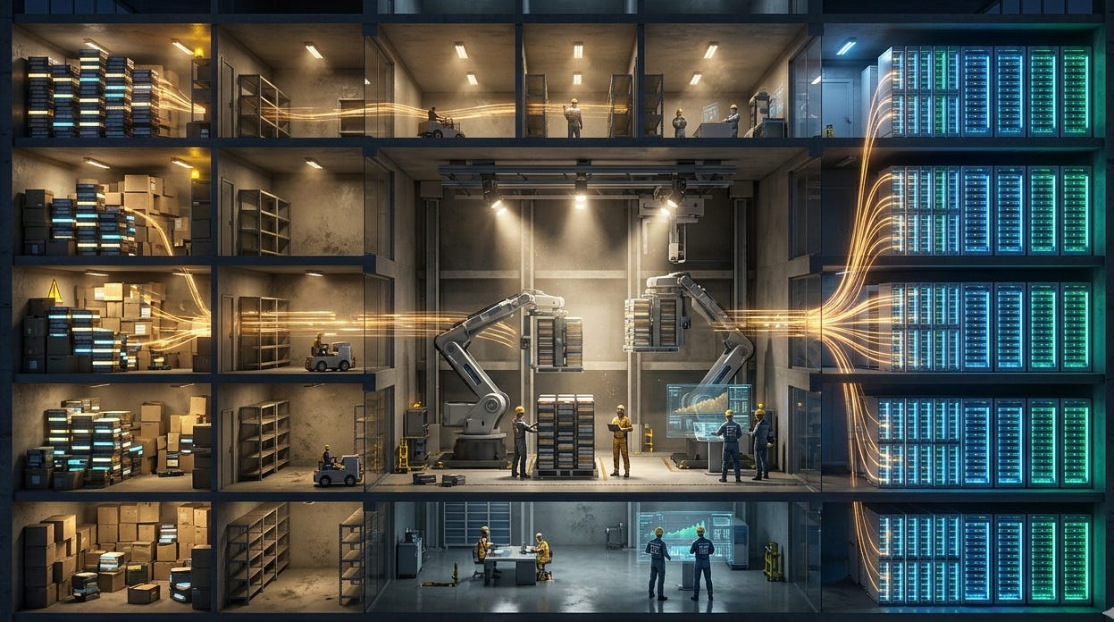a highly detailed cross-section view, shifting boxes from cluttered storage rooms on the left to glowing, blue-lit server racks on the right. a highly detailed cross-section view, shifting boxes from cluttered storage rooms on the left to glowing, blue-lit server racks on the right.
