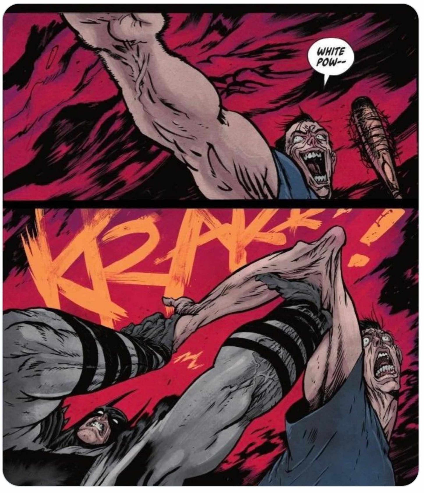 2 panels of comic book Absolute Batman where he breaks a white supremacist's arm.