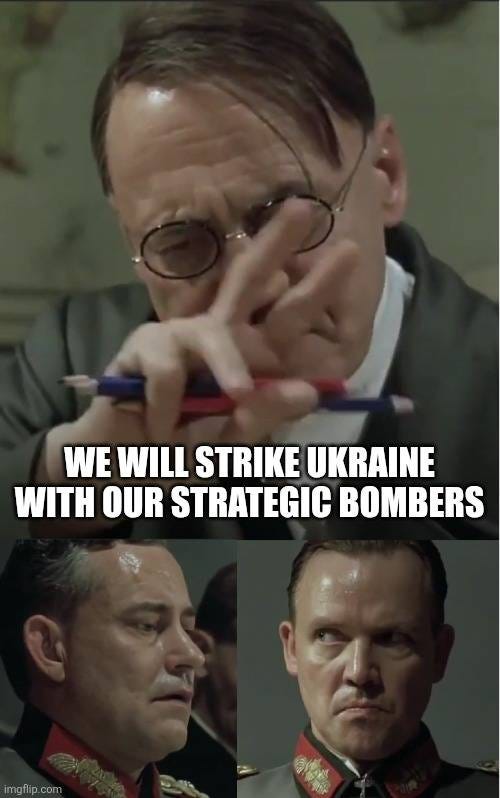 May be an image of 3 people and text that says 'WE WILL STRIKE UKRAINE WITH OUR STRATEGIC BOMBERS imgflip.com'