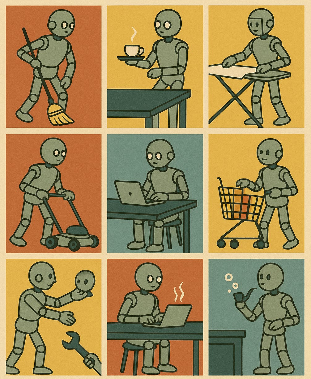 A 3x3 grid illustration showing a humanoid robot performing various daily tasks. From left to right, top to bottom: Sweeping the floor with a broom. Serving a steaming cup on a tray. Ironing clothes on an ironing board. Mowing the lawn with a push mower. Typing on a laptop at a table. Pushing a grocery cart. Receiving a replacement head and wrench from an off-frame hand. Working on a laptop with steam rising from a mug nearby. Holding a bubble pipe, with bubbles floating upward. A 3x3 grid illustration showing a humanoid robot performing various daily tasks. From left to right, top to bottom: Sweeping the floor with a broom. Serving a steaming cup on a tray. Ironing clothes on an ironing board. Mowing the lawn with a push mower. Typing on a laptop at a table. Pushing a grocery cart. Receiving a replacement head and wrench from an off-frame hand. Working on a laptop with steam rising from a mug nearby. Holding a bubble pipe, with bubbles floating upward.