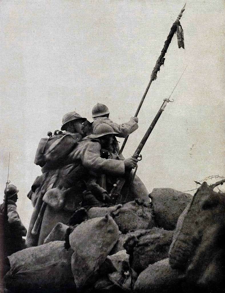 Colonel Desgrées du Loû waves the flag, leading an assault during the 2nd Battle of Champagne, 1915.