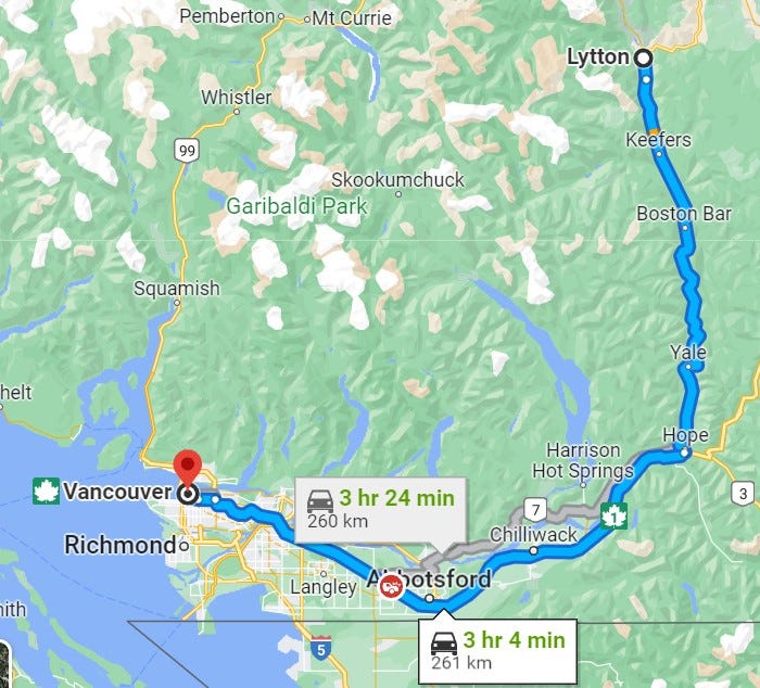 A map of SW British Columbia, showing the route from Vancouver to Lytton. 260 km and a 3-hour 24-minute drive.