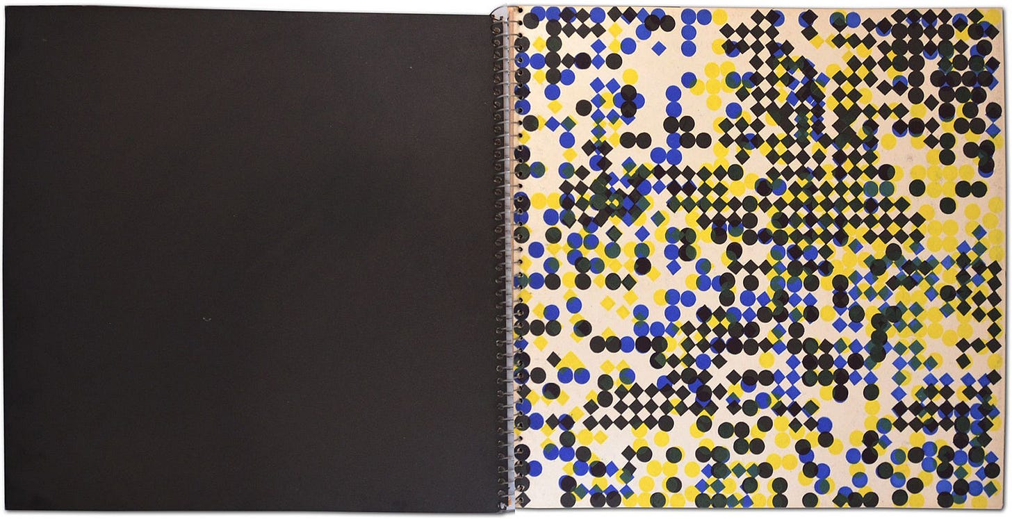 From: Dieter Roth, kinderbuch, (28 pages, 4 colour letterpress, geometric shapes with hand cut and die cut holes, spiral binding), Forlag ed, Reykjavik, 1957, Edition of approx. 25 signed copies, plus approx. 75 unsigned copies [Zucker Art Books, Alford, MA. © Dieter Roth Estate]