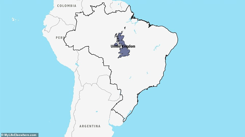 Brazil (8,515,770 sq km) is about 35 times bigger than the United Kingdom Brazil (8,515,770 sq km) is about 35 times bigger than the United Kingdom