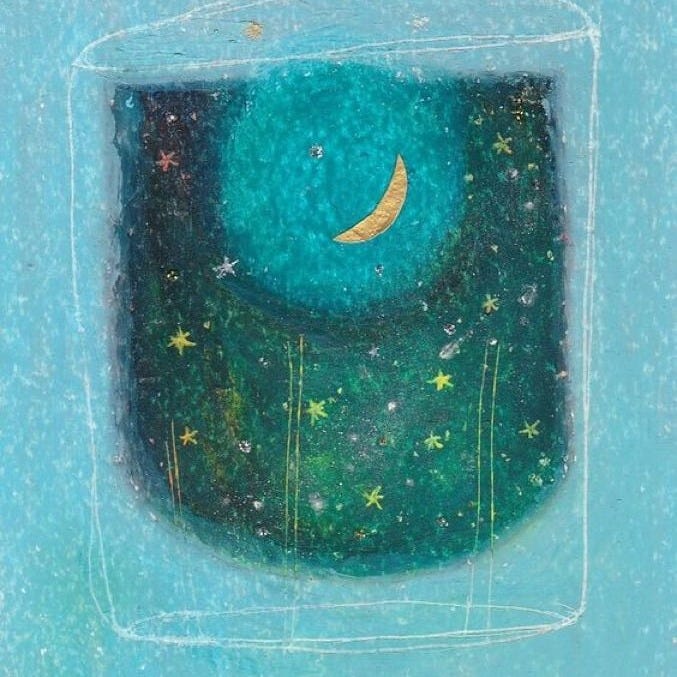 This may contain: two birds are sitting in front of a window looking at the moon and stars on the sky