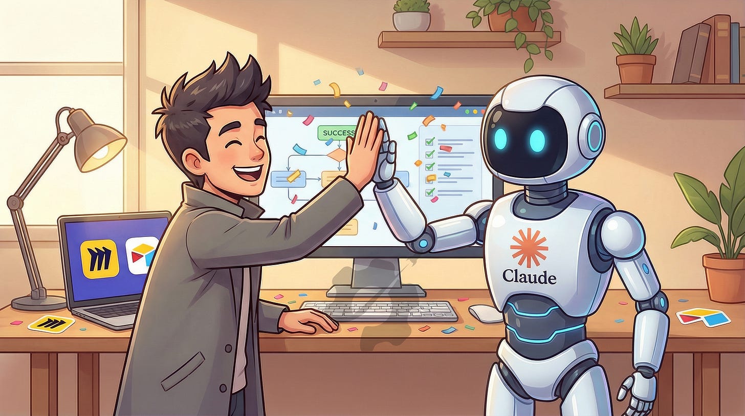 Cartoon of Graham & a robot branded as Claude high fiving.
