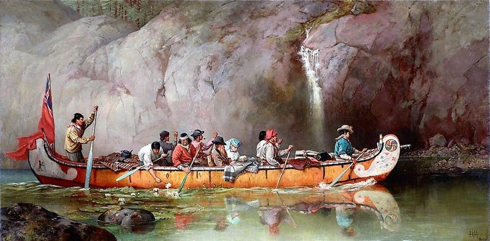 File:Canoe Manned by Voyageurs Passing a Waterfall.jpg