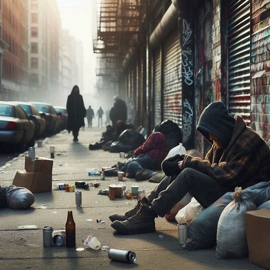downtrodden, homeless, and drug-addicted people on a run-down city street