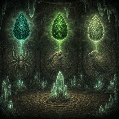 Three pinecone-shaped gems suspended in air within a cavern of pale green crystals, each gem glowing distinctly: viridian above a spider carving for the Weaver, emerald above a wolf carving for the Huntress, sage-green above a raven carving for the Seeker, all pulsing with ancient Barovian light