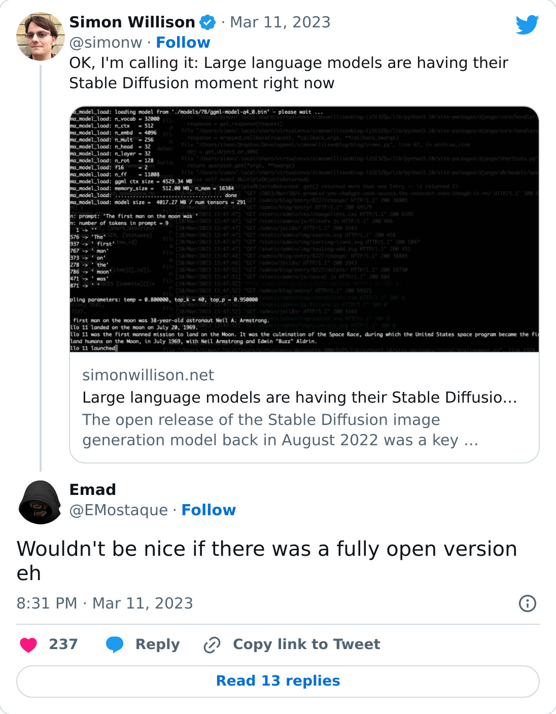 https://twitter.com/EMostaque/status/1634653313089126403?ref_src=twsrc%5Etfw%7Ctwcamp%5Etweetembed%7Ctwterm%5E1634653313089126403%7Ctwgr%5E057e081eb6d7dc961296aa520a99c93a39901a95%7Ctwcon%5Es1_&ref_url=https%3A%2F%2Fstratechery.com%2F2023%2Fgpt-4-google-adds-ai-to-productivity-apps-local-language-models%2F