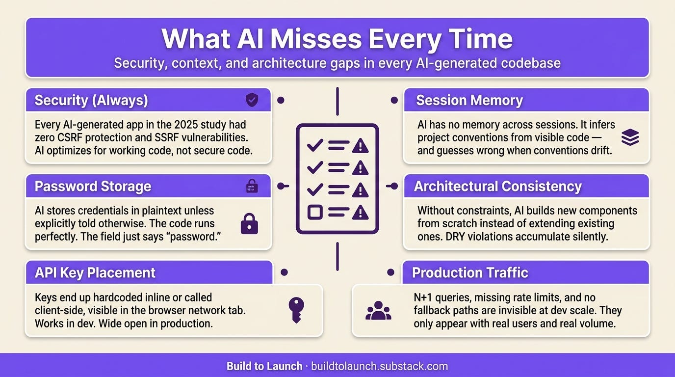 High-density reference infographic titled “What AI Misses Every Time.” Six sections: Security (Always) — zero CSRF protection and SSRF vulnerabilities in every AI-generated app tested; Password Storage — plaintext credentials unless explicitly instructed otherwise; API Key Placement — keys hardcoded or called client-side; Session Memory — AI guesses conventions from visible code; Architectural Consistency — new components built from scratch instead of extending existing ones; Production Traffic — N+1 queries and missing fallbacks invisible at dev scale. Build to Launch by Jenny Ouyang High-density reference infographic titled “What AI Misses Every Time.” Six sections: Security (Always) — zero CSRF protection and SSRF vulnerabilities in every AI-generated app tested; Password Storage — plaintext credentials unless explicitly instructed otherwise; API Key Placement — keys hardcoded or called client-side; Session Memory — AI guesses conventions from visible code; Architectural Consistency — new components built from scratch instead of extending existing ones; Production Traffic — N+1 queries and missing fallbacks invisible at dev scale. Build to Launch by Jenny Ouyang