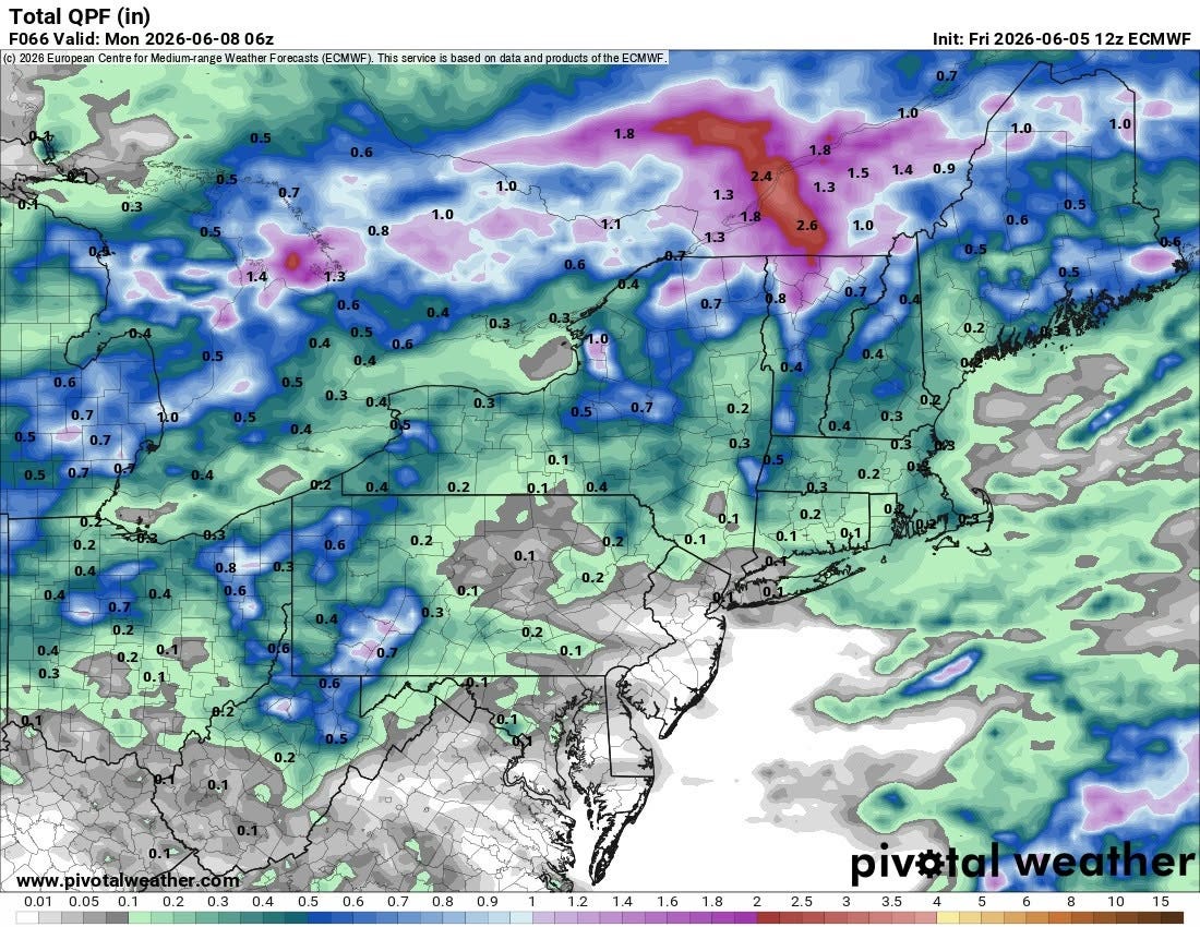 May be an image of map and text that says 'Total QPF F066 Valid: Mon 2026-06-08 2026 urapean Centrefo ange Weather Forecasts ECMWF) This service based nde dat data ata ataan an and products fthe CMWF. Init: Ini:Fri2026-06-0512ECMWF Fri 2026-06-05 12z ECMWF 1.8 1.0 1.0 1.0 1.3 1.5 1.4 0.9 1.3 1.0 0.2 0.2: 海 www.pivotalweather.com 0.1 0.2 0.3 0.4 0.5 0.6 0.7 0.8 0.9 1.2 1.4 1.6 1.8 2 2.5 pivotal piv piv#talweather weather 3 3.5 3.5 5 8 1015 3545681015 10'
