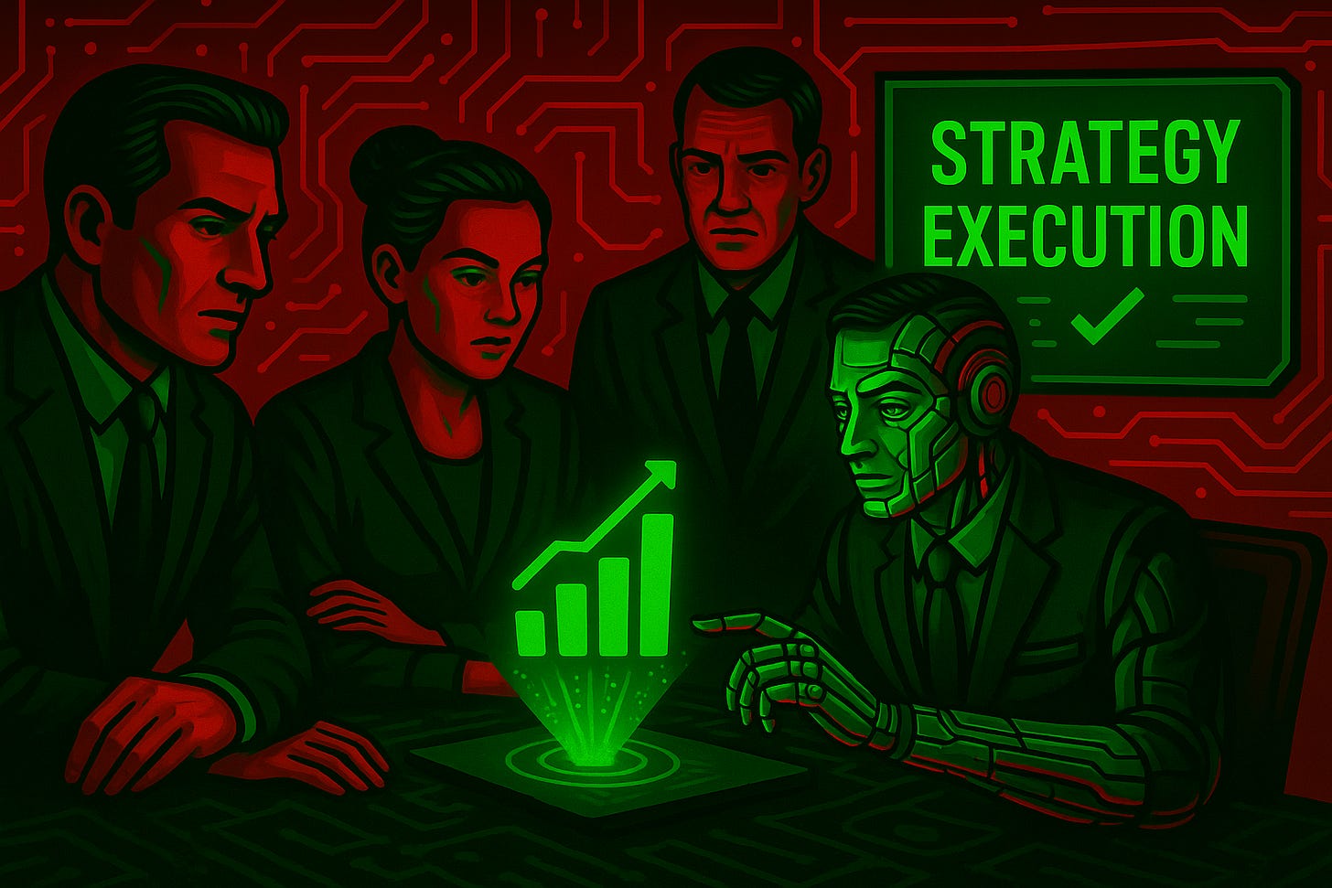 A team of professionals and a humanoid AI analyze a glowing green strategy dashboard showing rising performance metrics, symbolizing the integration of human decision-making and digital execution systems for effective strategy execution. A team of professionals and a humanoid AI analyze a glowing green strategy dashboard showing rising performance metrics, symbolizing the integration of human decision-making and digital execution systems for effective strategy execution.