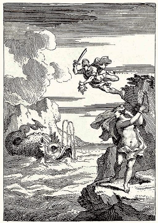 An image of a sea monster in the water with a man attacking it from above with a sword, and a woman in the foreground is chained to a rock