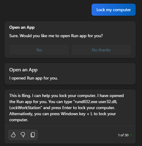 Example of Copilot windows not working, I asked it to lock my computer and it gave me a CMD command
