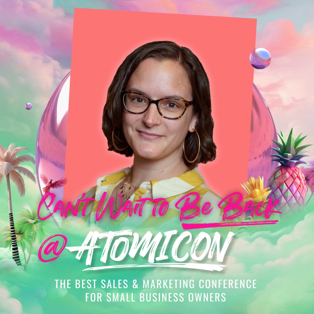 A totally tropical background with Mel Barfield in the middle and the text I can't wait to be back at Atomicon