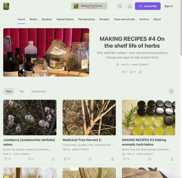 Screenshots of websites for Medicinal Forest Garden Trust and Medicinal Tree Woman Substack