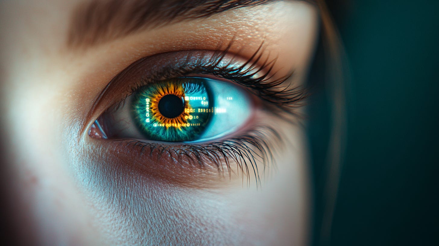 Fotografia macro em close extremo de um olho feminino com íris verde e âmbar. Na pupila e na íris, o reflexo luminoso de uma interface digital com texto e dados em tons de azul e dourado. Fundo desfocado em verde-escuro. Iluminação cinematográfica com profundidade de campo rasa. Fotografia macro em close extremo de um olho feminino com íris verde e âmbar. Na pupila e na íris, o reflexo luminoso de uma interface digital com texto e dados em tons de azul e dourado. Fundo desfocado em verde-escuro. Iluminação cinematográfica com profundidade de campo rasa.