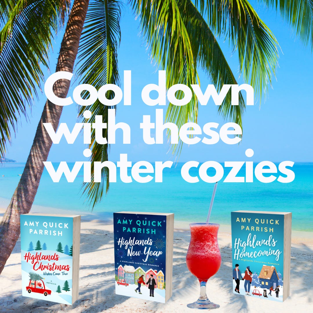 Highlands Christmas cover, Highlands New Year and Highlands Homecoming (all charming and snowy) on a beach with a strawberry daiquiri. 