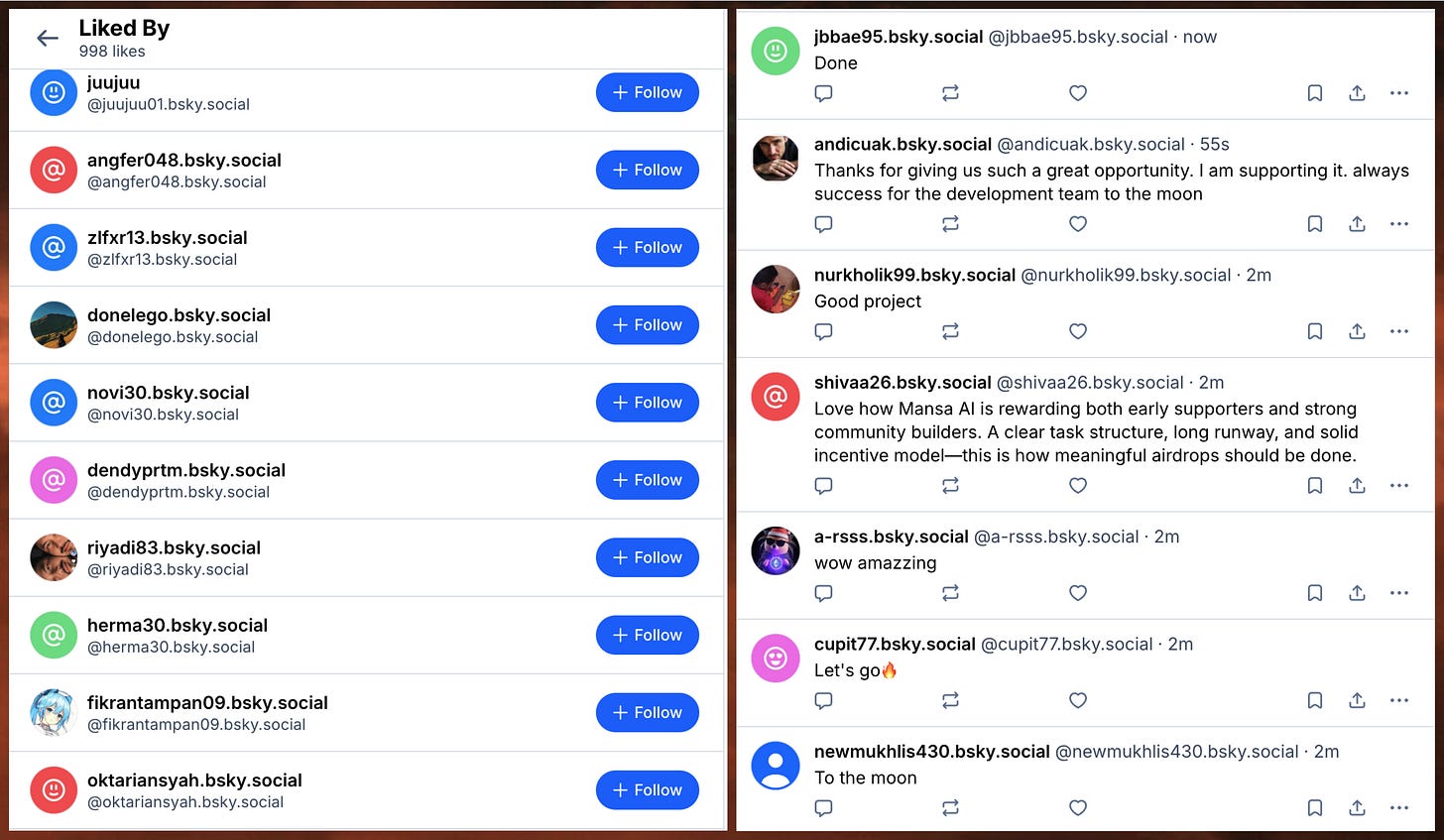 examples of likes and replies to @agentscraft.bsky.social from spam accounts