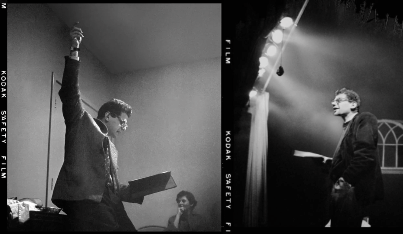 Two black-and-white Kodak photographs of Allen Ginsberg reading "Howl." Two black-and-white Kodak photographs of Allen Ginsberg reading "Howl."