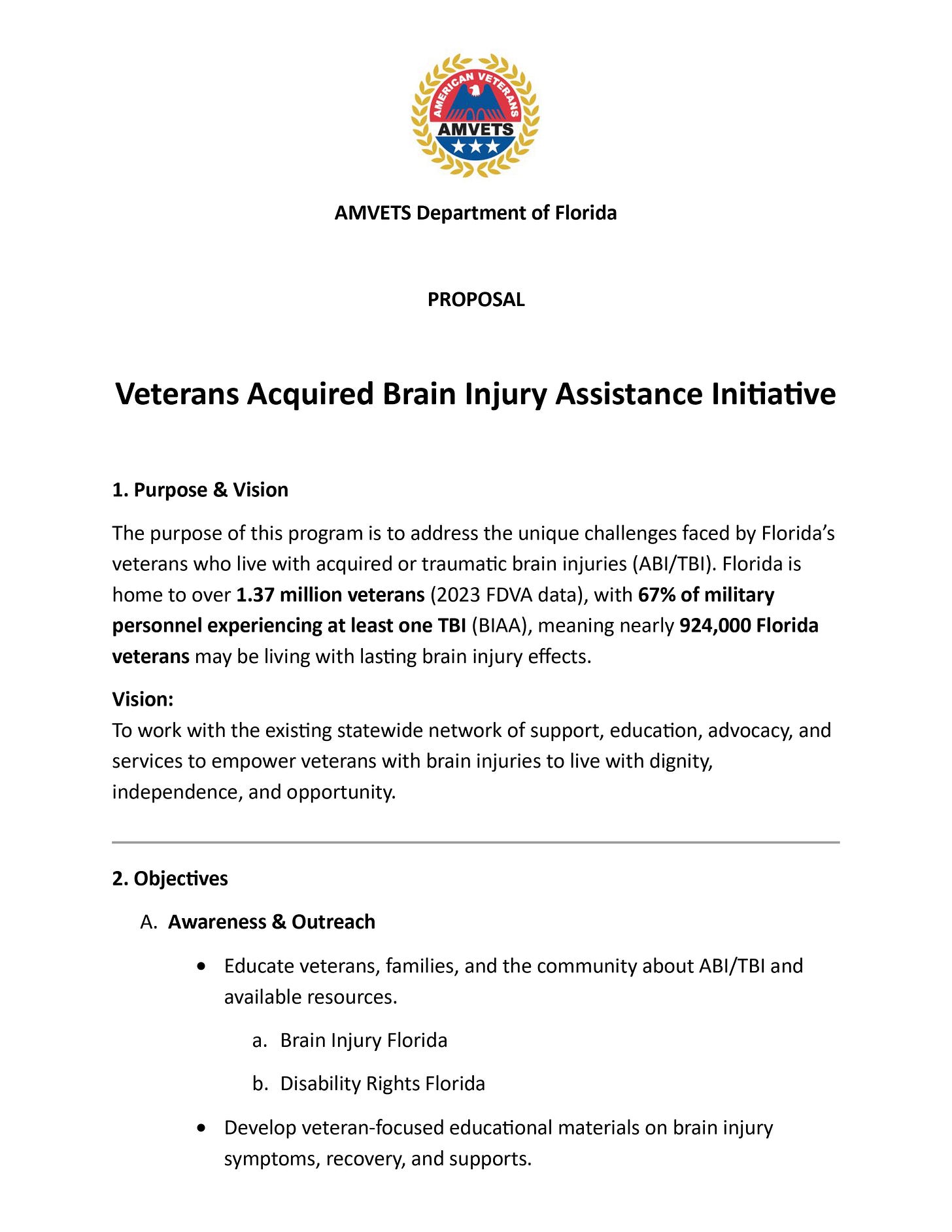 A document page with the AMVETS (American Veterans) logo at the top and the heading “AMVETS Department of Florida,” labeled “PROPOSAL,” titled “Veterans Acquired Brain Injury Assistance Initiative.” The page contains sections “1. Purpose & Vision” describing support for Florida veterans with ABI/TBI and related statistics, a “Vision” statement, and “2. Objectives” with “A. Awareness & Outreach” bullet points listing Brain Injury Florida and Disability Rights Florida.