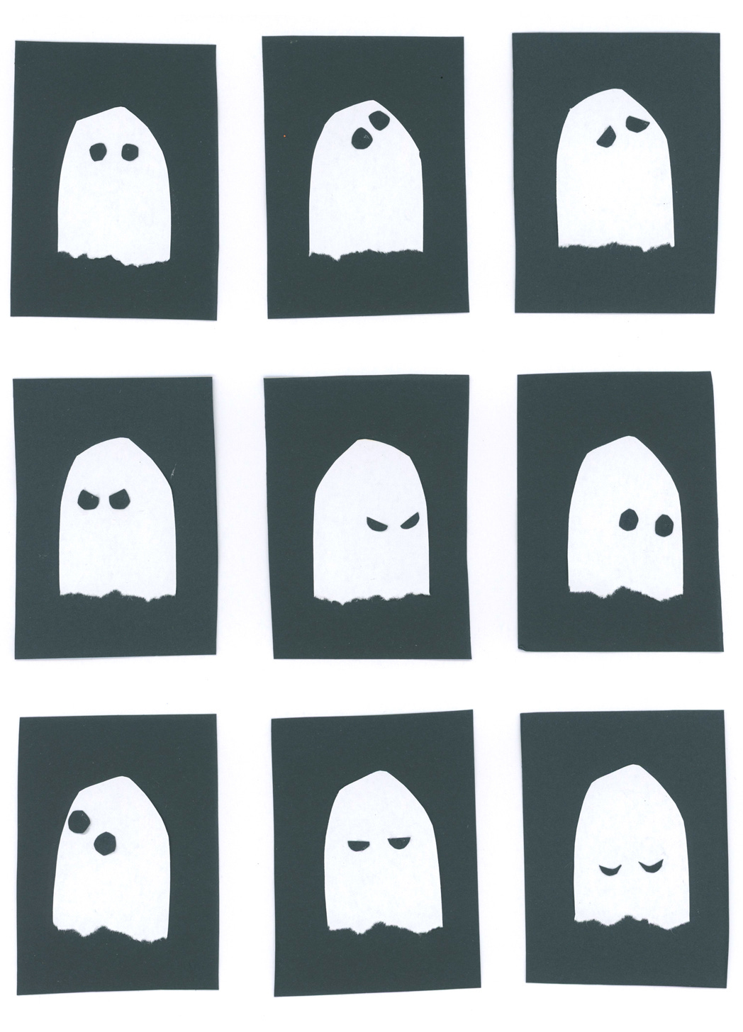Sequence of paper cut images by illustrator Nanette Regan showing a ghost with changing emotions 