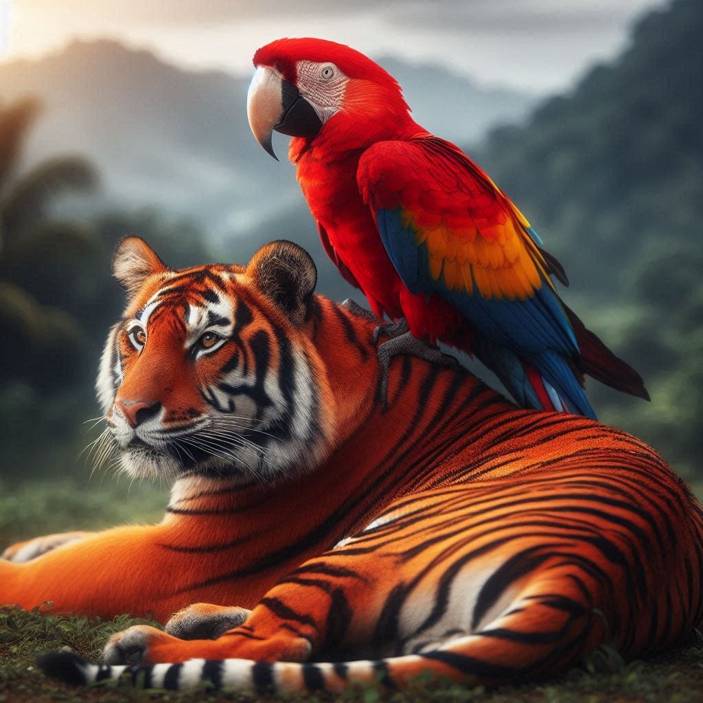 a scarlet macaw sitting on the back of a bengal tiger