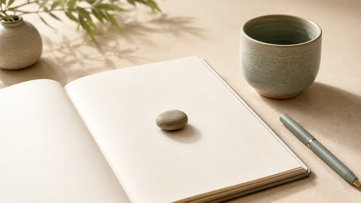 A single stone on an open notebook symbolizing one focused concern for a Clinical EFT session.