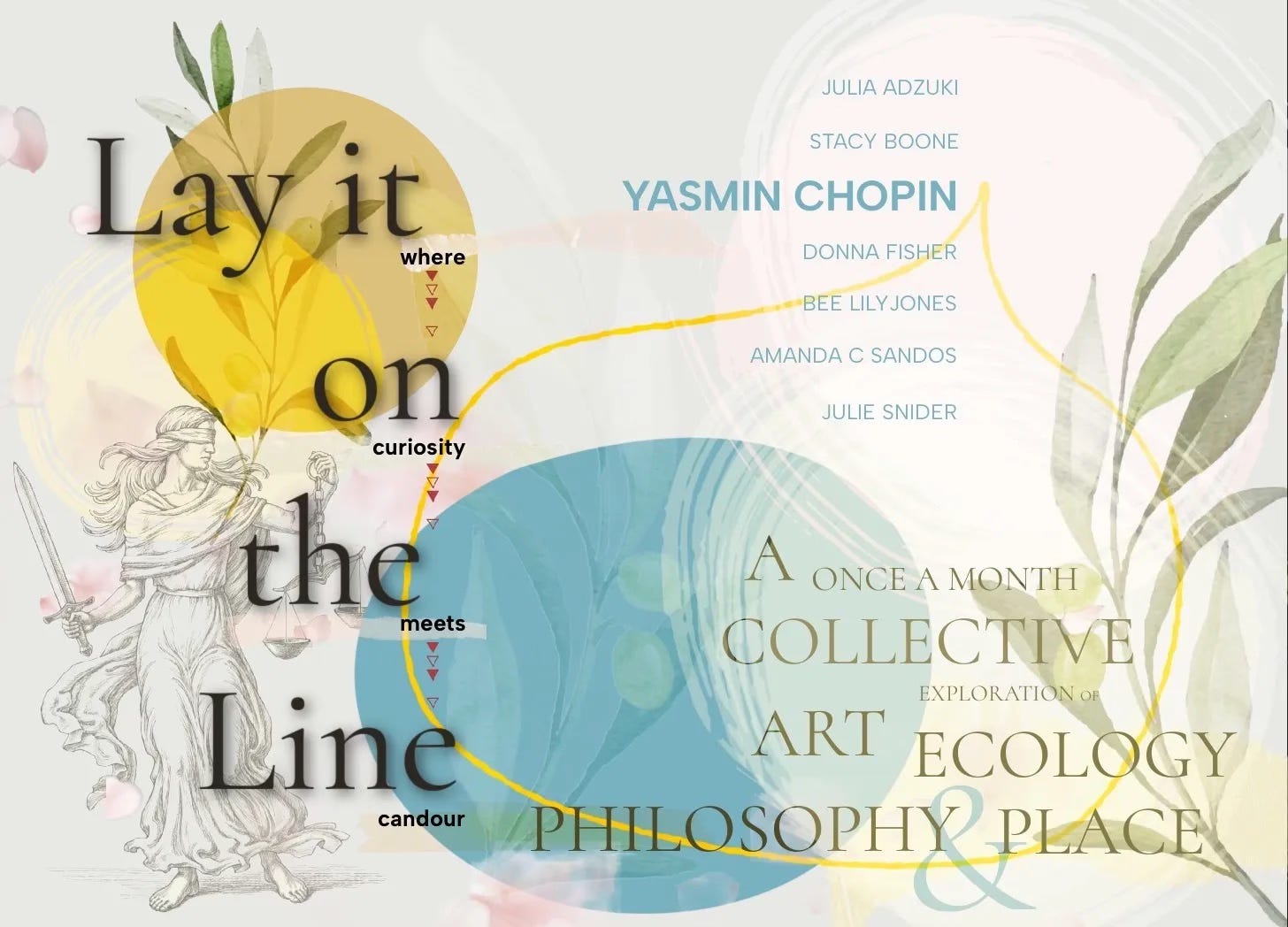 A colourful graphic design highlighting the words Lay it on the Line and Art Ecology Philosophy and Place designed by Bee Lilyjones for a collective of seven creative writers from around the world who got together on Substack