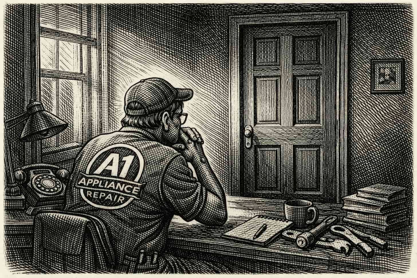 contemplative appliance repair man prepares to make sales calls