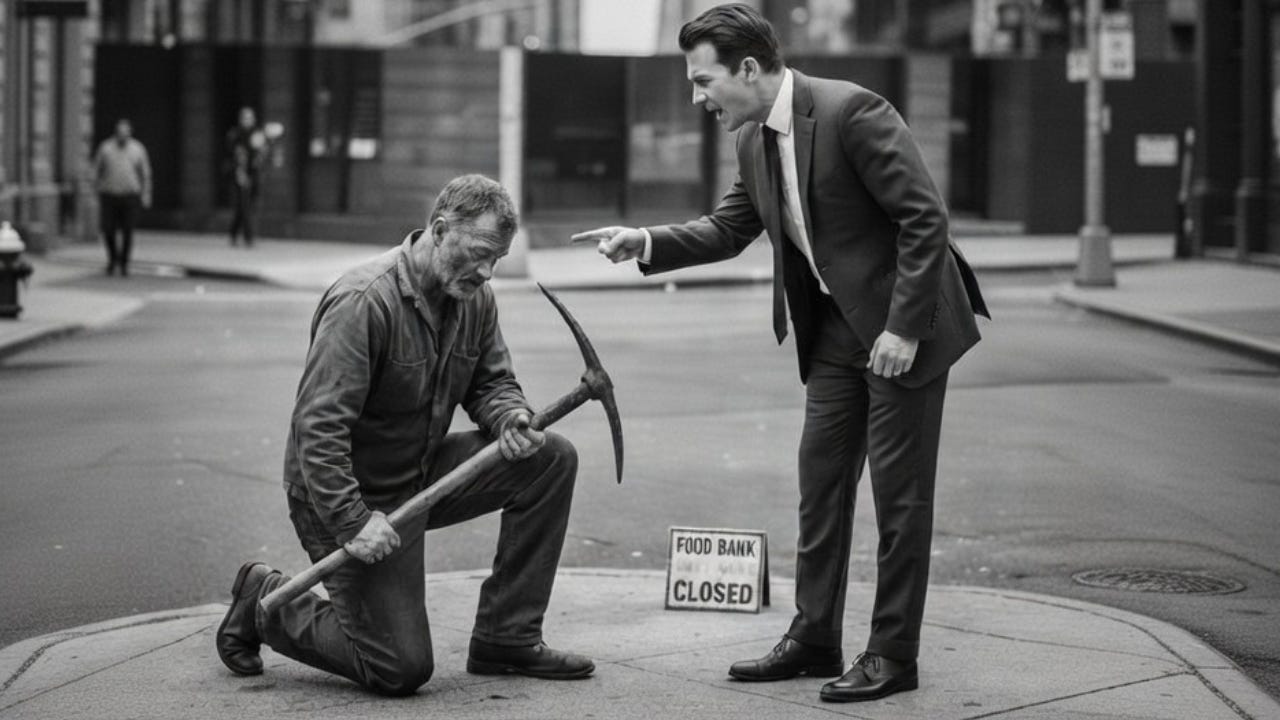 A gritty black-and-white landscape of a man in a suit shaming a worker kneeling with a pickaxe on a city street.