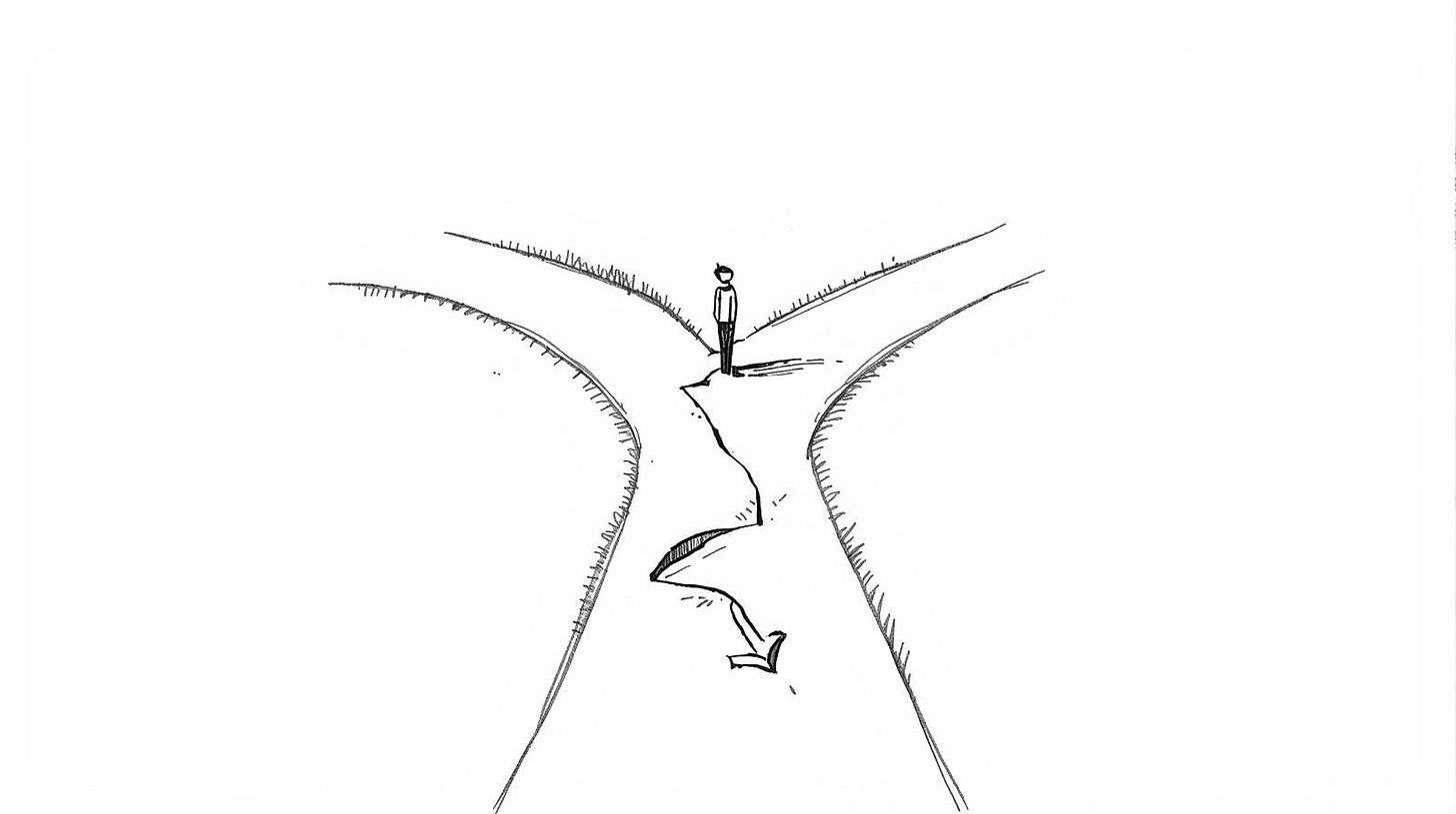 Figure at a fork choosing between an easy erased path and a cracked but real one Figure at a fork choosing between an easy erased path and a cracked but real one