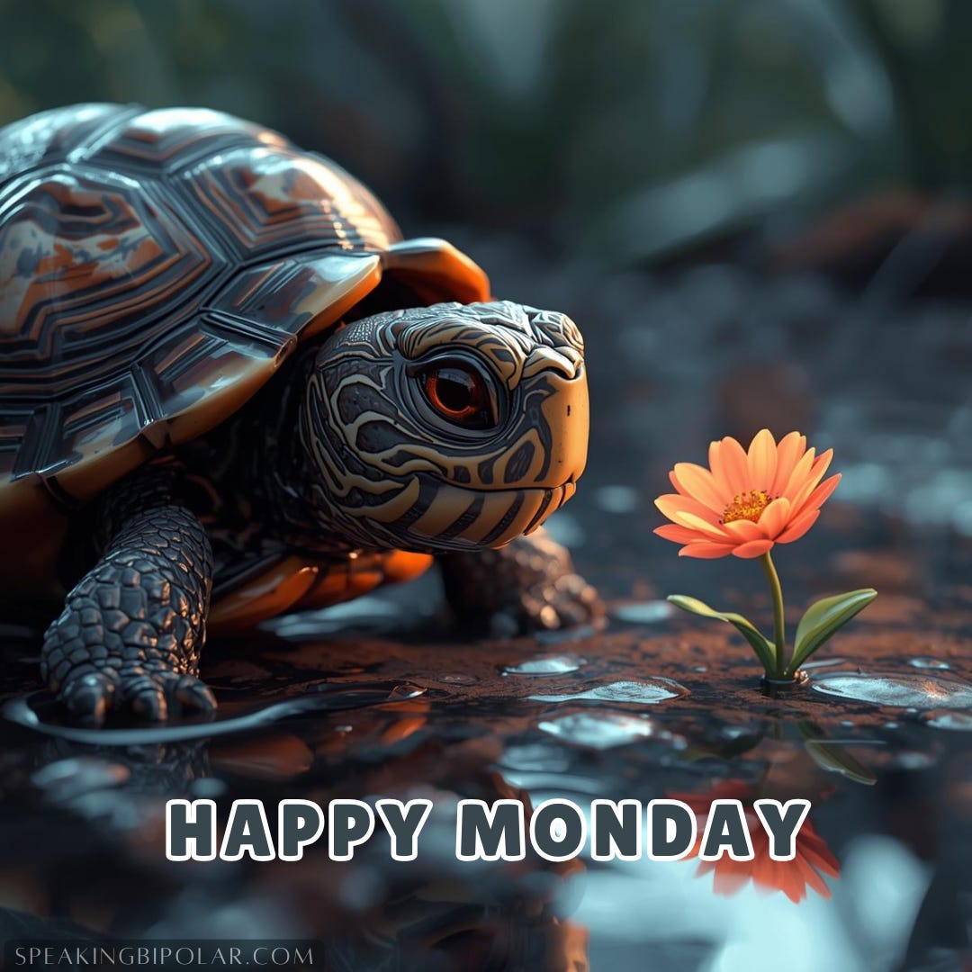 A cartoon turtle tucked into its shell, just peeking its head and one eye out, looking at a small nearby flower.