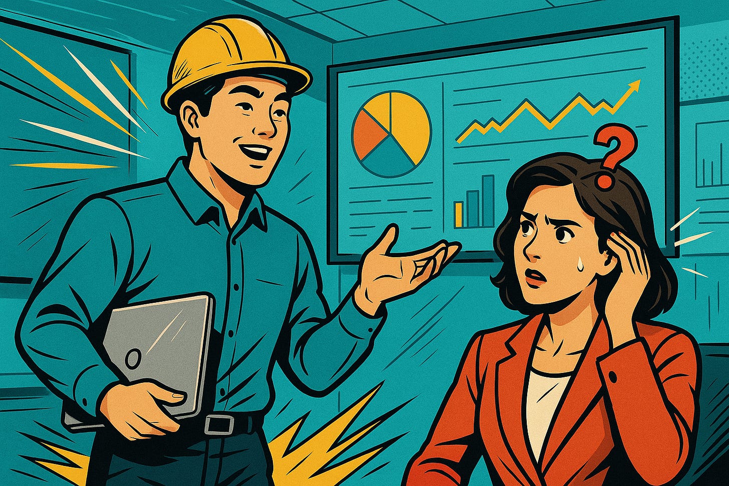 A data engineer having an awkward conversation with a confused marketing specialist A data engineer having an awkward conversation with a confused marketing specialist