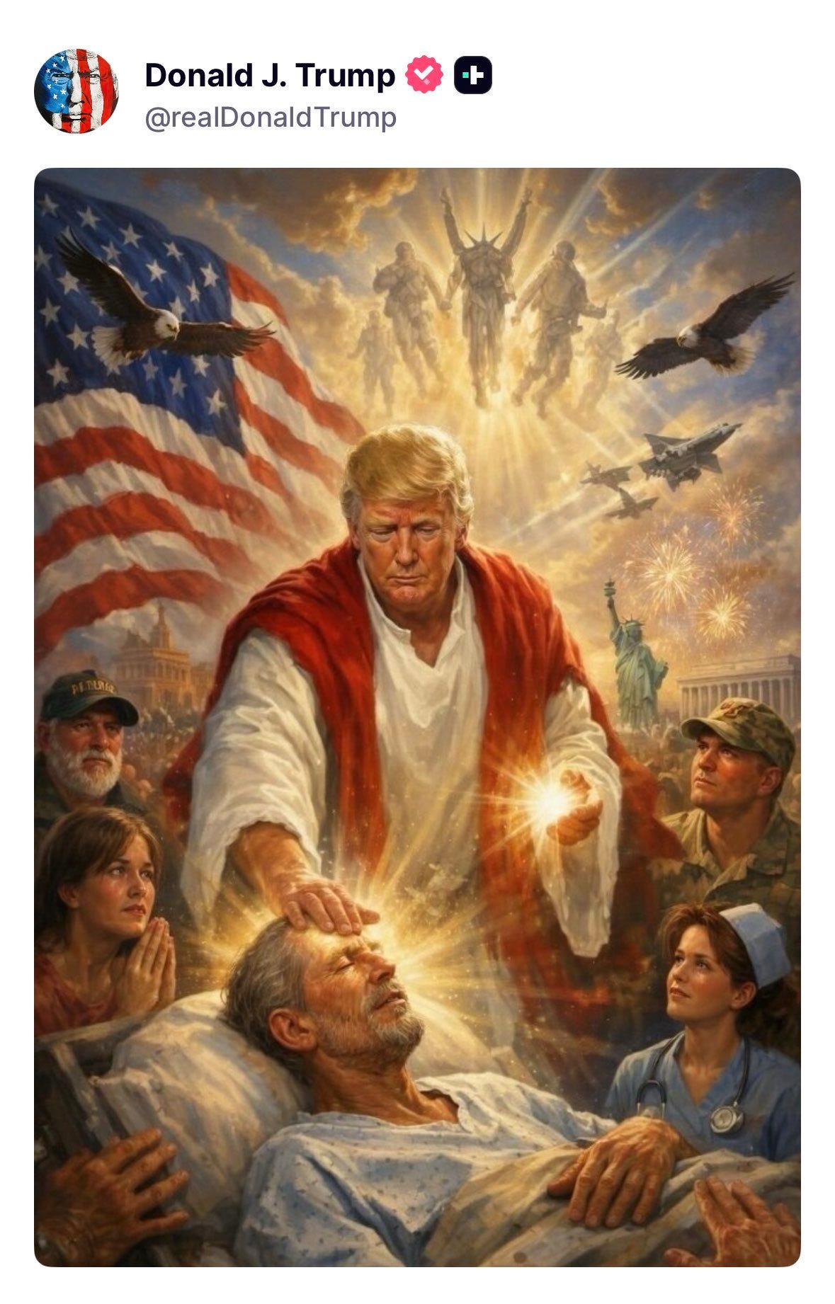 President Donald Trump’s post on Truth Social containing an image which depicts him as Jesus healing a man in a hospital bed. President Donald Trump’s post on Truth Social containing an image which depicts him as Jesus healing a man in a hospital bed.