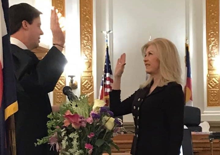 Tina Peters assuming the office of clerk in January 2019 (Credit: Mesa County Clerk/Facebook) Tina Peters assuming the office of clerk in January 2019 (Credit: Mesa County Clerk/Facebook)