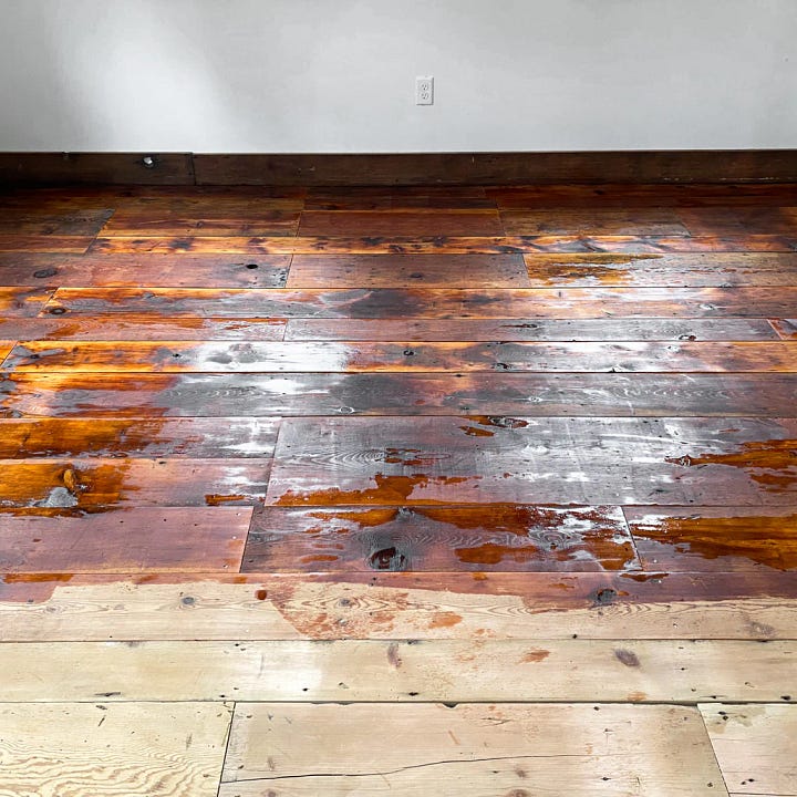 A before and after sanding and refinishing the floor with a drum sander. The 2nd photograph has citrus solvent and Tung oil.