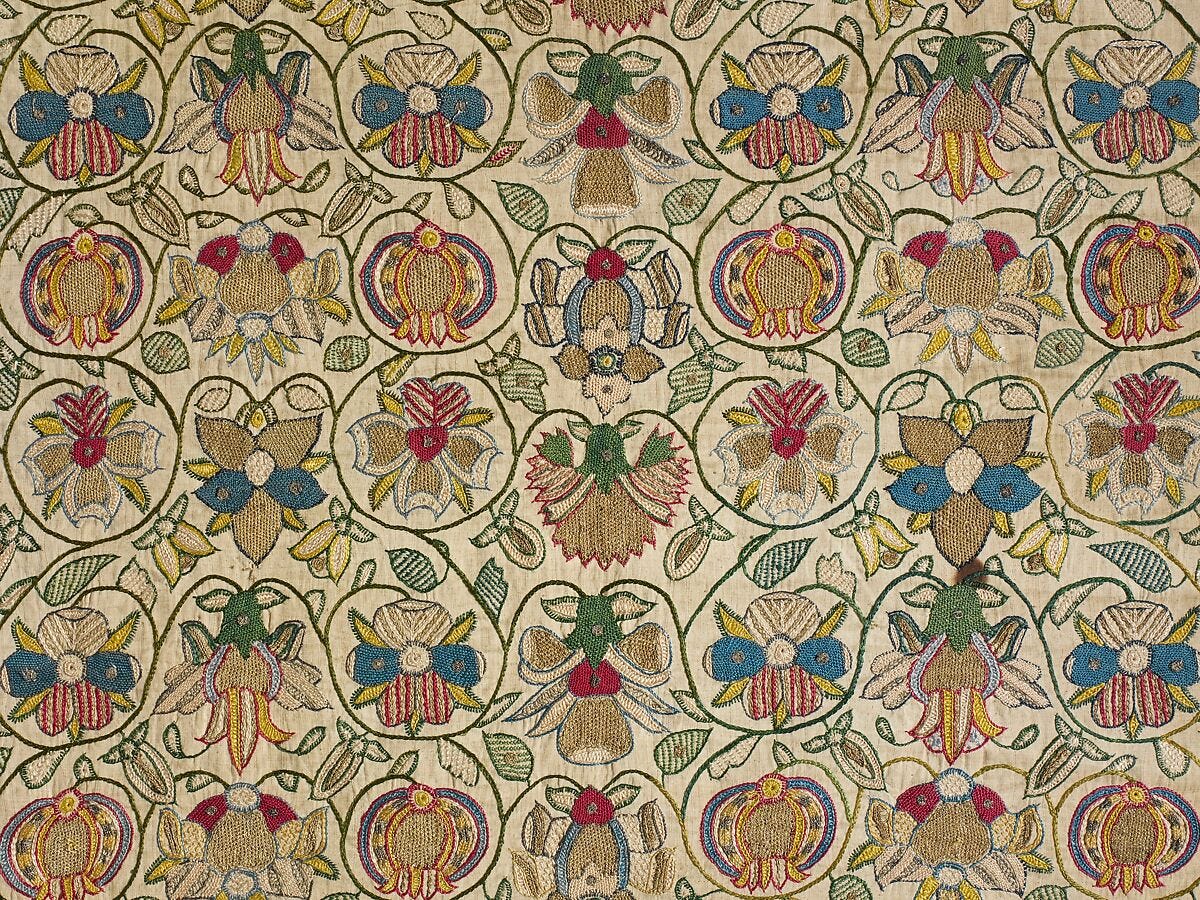 Long cushion cover, Linen worked with silk and metal thread; chain, stem, plaited braid, couching, and detached buttonhole stitches, British Long cushion cover, Linen worked with silk and metal thread; chain, stem, plaited braid, couching, and detached buttonhole stitches, British
