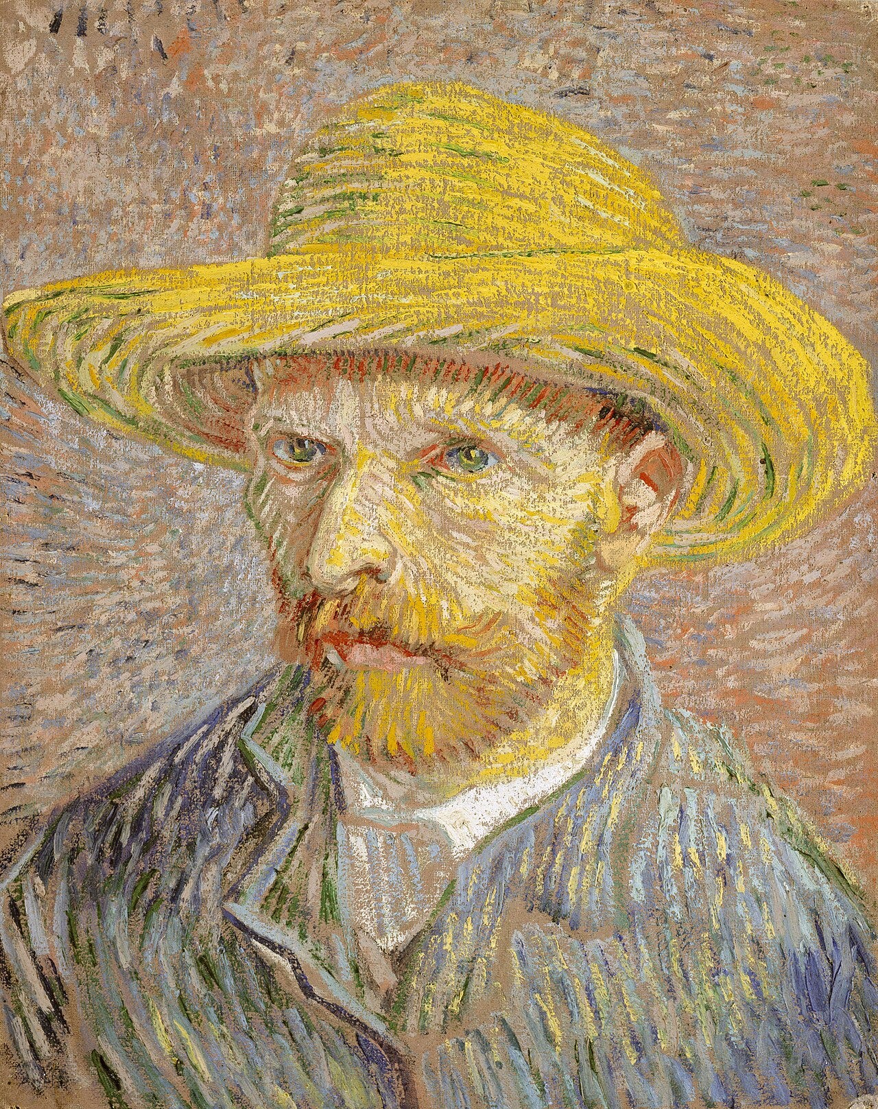 Van Gogh in a straw hat against radiating blue and orange strokes Van Gogh in a straw hat against radiating blue and orange strokes