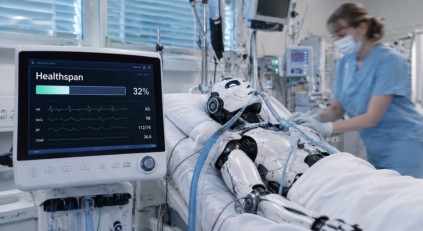 Humanoid AI agent on life support in a hospital bed, with a monitor displaying its declining “Healthspan.” Humanoid AI agent on life support in a hospital bed, with a monitor displaying its declining “Healthspan.”
