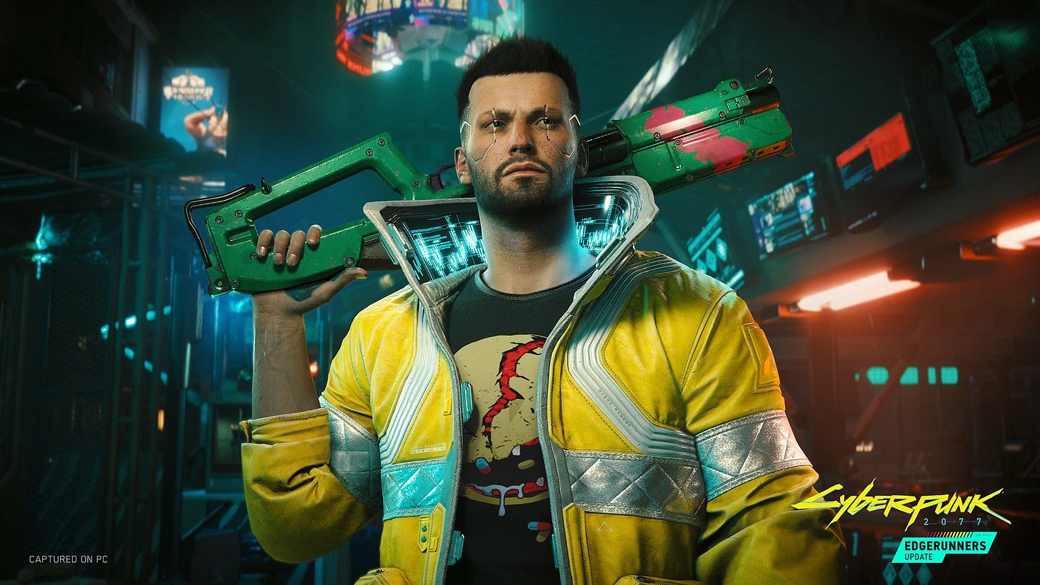 V from Cyberpunk 2077 wearing an Edgerunners outfit V from Cyberpunk 2077 wearing an Edgerunners outfit