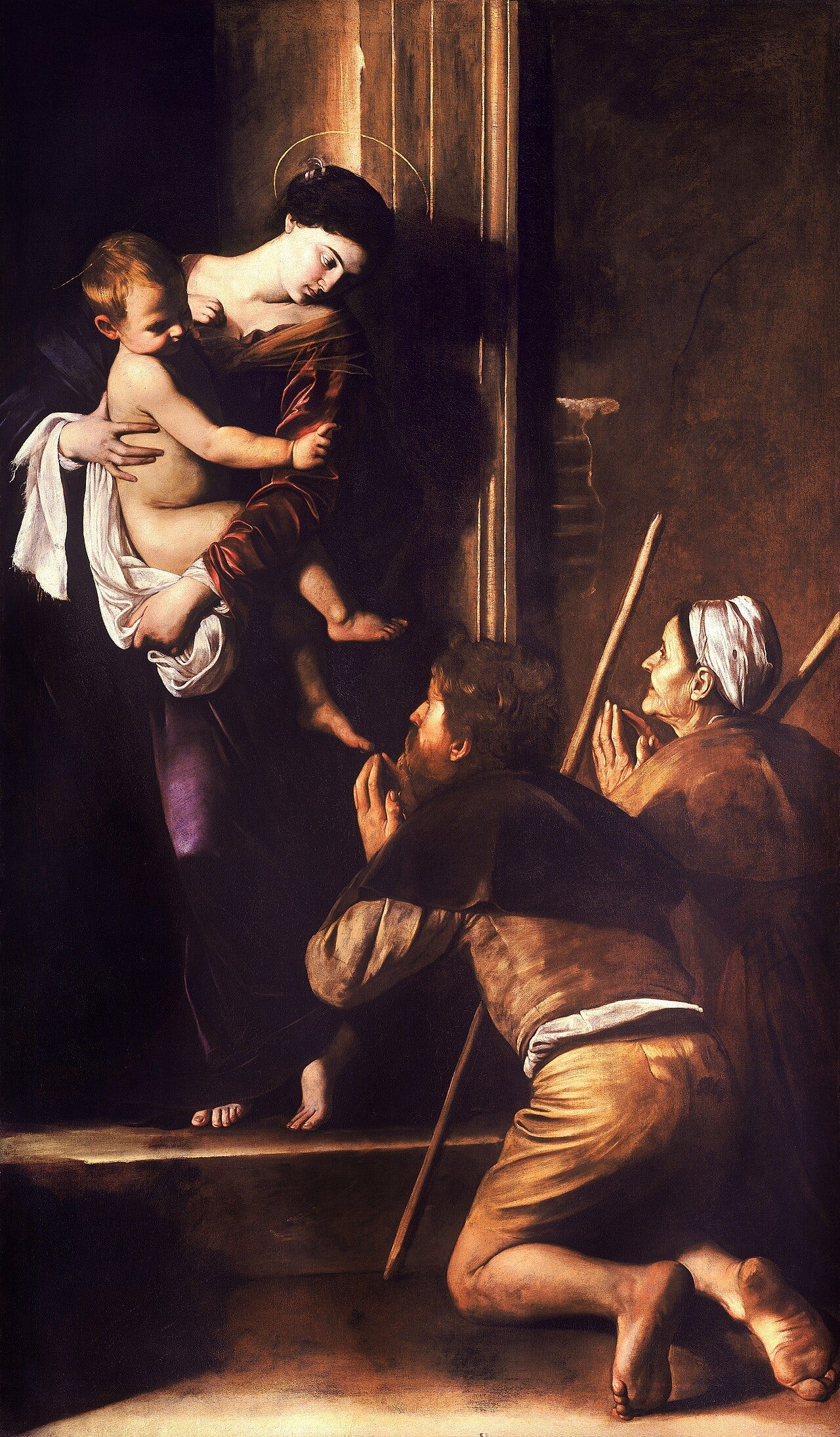 Pilgrims kneeling with bare soles turned outward Pilgrims kneeling with bare soles turned outward