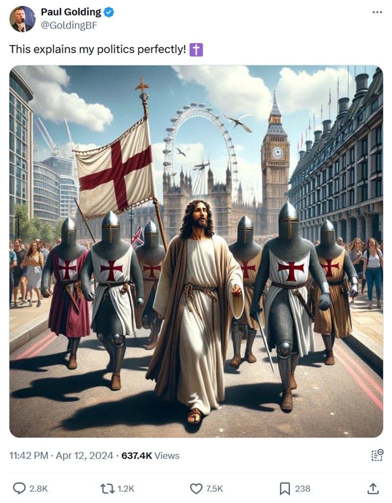 Paul Golding tweet. "This explains my politics perfectly." Image - Jesus walking along a toad in London with the Houses of Parliament in the background, the London Eye behind that and an army of Crusaders following Jesus. The road has double red lines on each side and there appear to be pterosaus flying over parliament. Paul Golding tweet. "This explains my politics perfectly." Image - Jesus walking along a toad in London with the Houses of Parliament in the background, the London Eye behind that and an army of Crusaders following Jesus. The road has double red lines on each side and there appear to be pterosaus flying over parliament.