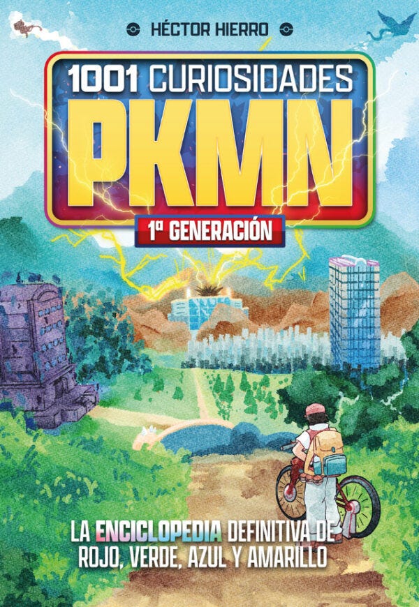 Spanish-language book cover titled “1001 Curiosidades PKMN – 1ª Generación” by Héctor Hierro. The large yellow “PKMN” text is set against a stormy sky with lightning striking a distant city resembling a Pokémon-inspired landscape. In the foreground, a young trainer with a backpack stands beside a bicycle on a dirt path overlooking forests, water, and buildings. At the bottom, the subtitle reads: “La enciclopedia definitiva de rojo, verde, azul y amarillo.”