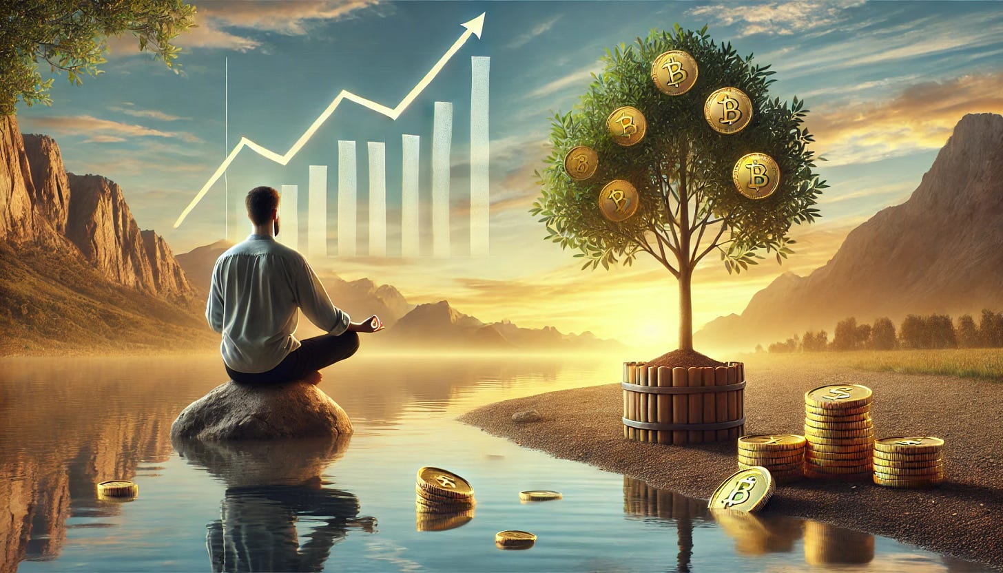 A serene landscape image representing patience, calmness, and discipline in investing. A calm investor is sitting by a peaceful riverbank in a meditation pose, watching a tree slowly growing with golden coins as leaves. The background shows a clear sky with soft pastel colors during sunset, and a balanced stock market graph depicting steady growth. The investor is dressed in simple, comfortable clothing, symbolizing mindfulness and restraint. The scene is tranquil, with a wide view of nature, including mountains and trees, creating a sense of harmony and peacefulness.
