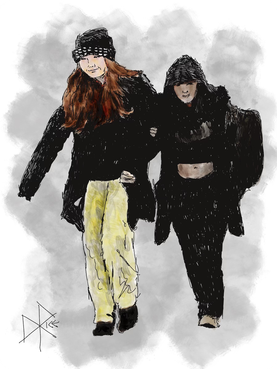 Two smiling teen girls walking arm-in-arm, helping each other remain upright while walking on an icy sidewalk. Sketch art by Don Rice.