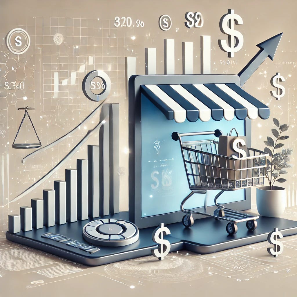 A modern e-commerce business concept illustration optimized for a blog post. A digital storefront with clear financial graphs showing revenue growth, a balance scale symbolizing financial equilibrium, and a shopping cart filled with increasing product sales. The background features subtle dollar signs and an upward trend arrow, emphasizing profitability and scalability. Designed for a clean, professional blog aesthetic.