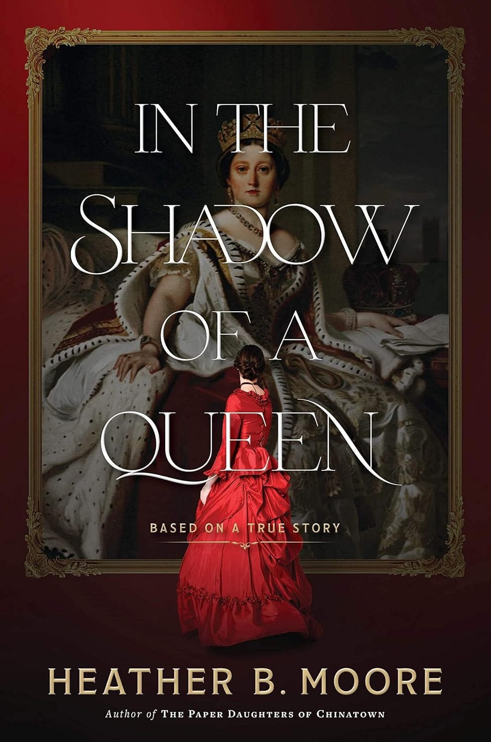 Book cover shows a woman in a vintage red gown, looking up at a huge painting of a queen