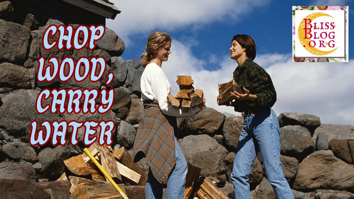 Two women face either other, each with an armload of firewood. Behind them an axe and more wood, and a cobblestone cottage.